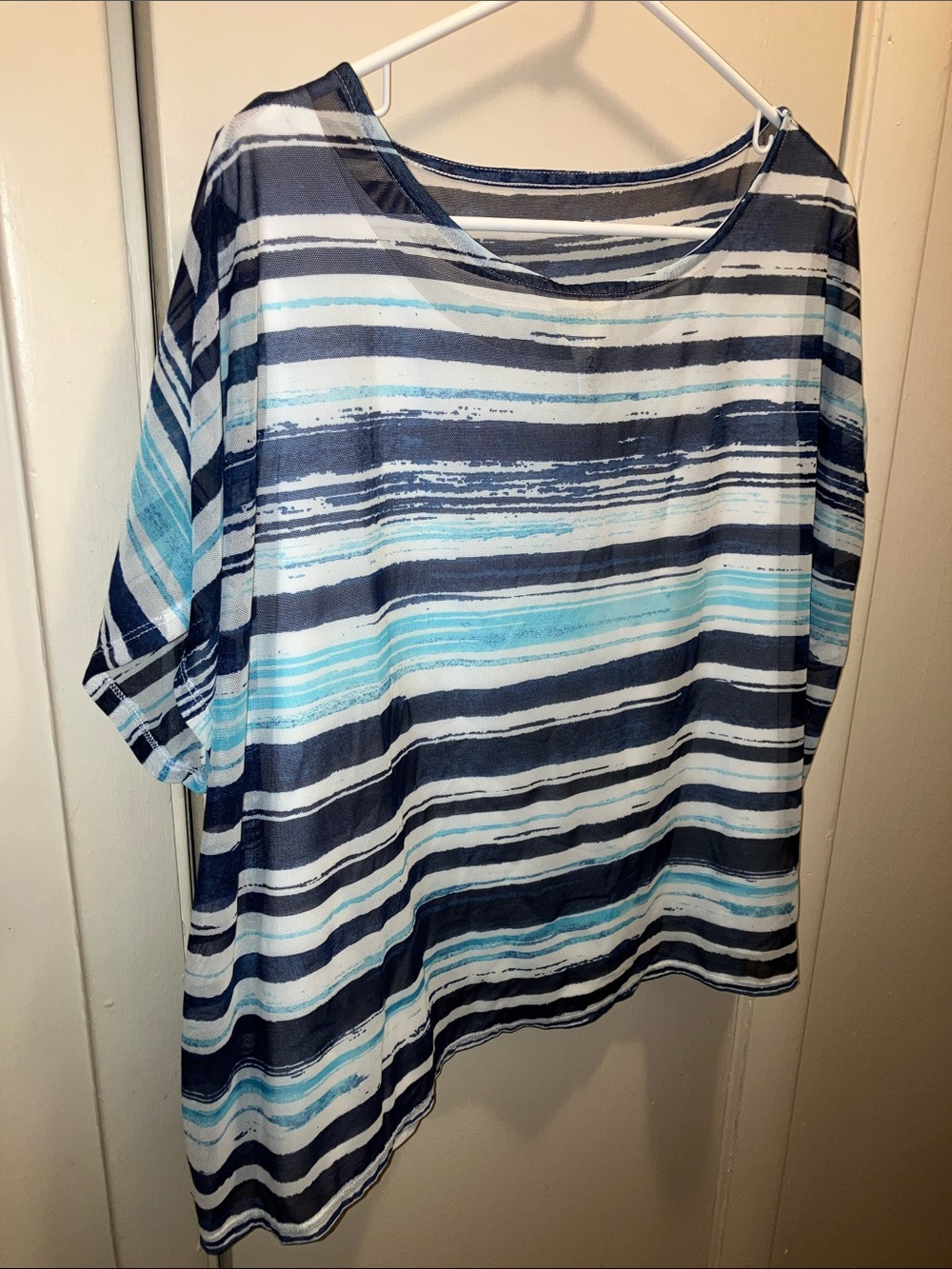 Chico's Navy, White & Aqua Striped Short Sleeve Top Size 2